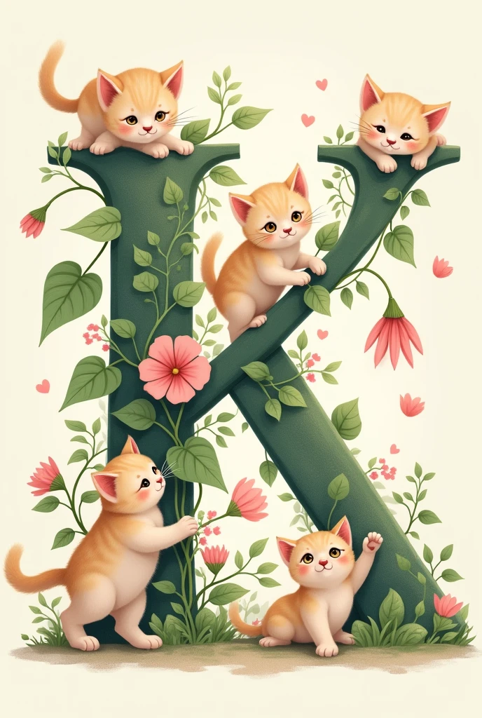 The letter ‘K’ in katakana、Please draw it in a design similar to a morning glory vine.。Part of the vine、Combine cute kittens playing together。The kitten is in a playful pose、Create an overall soft and cute look。