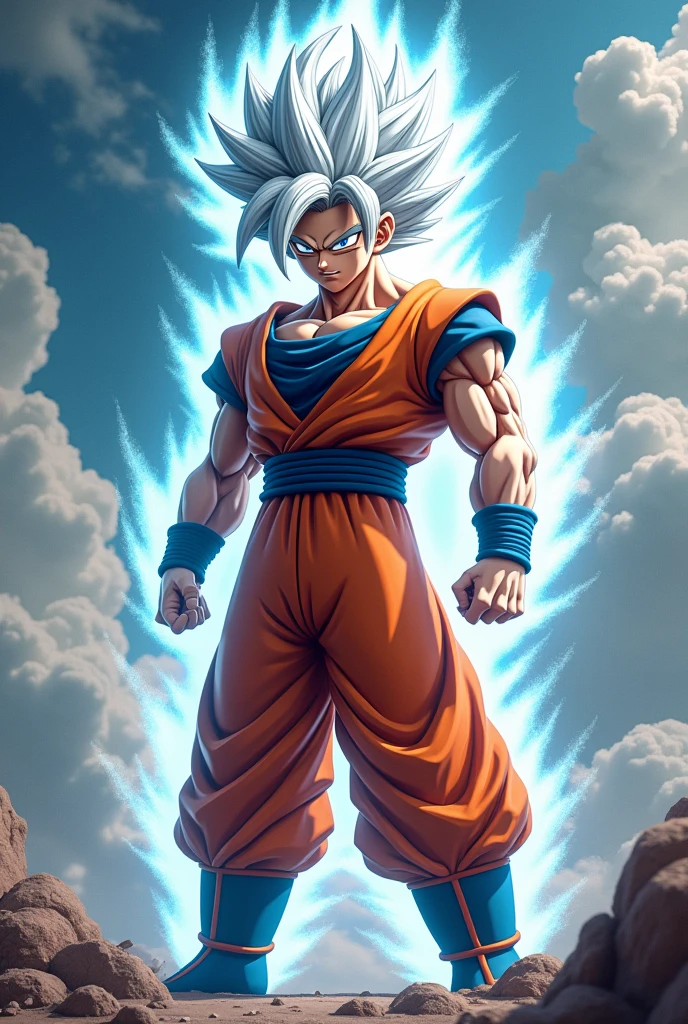 Goku, realisitic, 3D type, with white eyes and white hair
