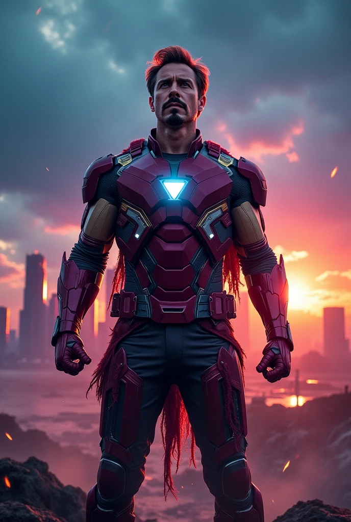 Tony Stark with torn clothes from fighting ,profile background