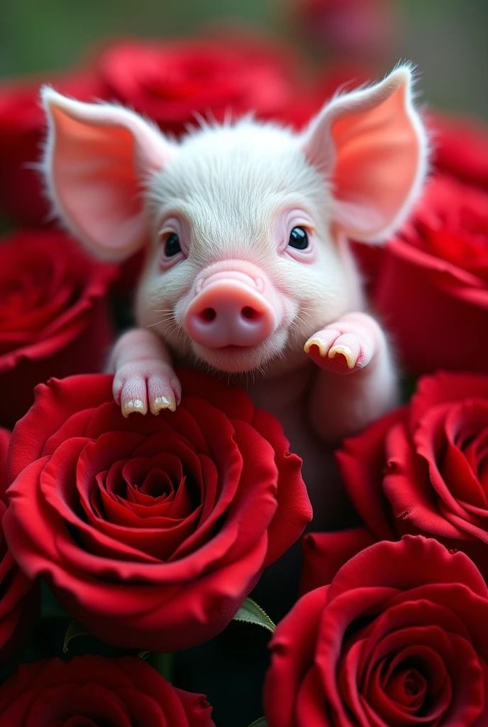((masterpiece,best quality,)),close up,side,A cute little pig placed on a bouquet of red roses,Realistic pig's trotters,Sexy hooves holding a rose