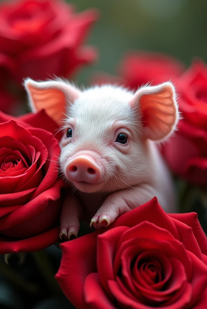 ((masterpiece,best quality,)),close up,side,A cute little pig placed on a bouquet of red roses,Realistic pig's trotters,Sexy hooves holding a rose