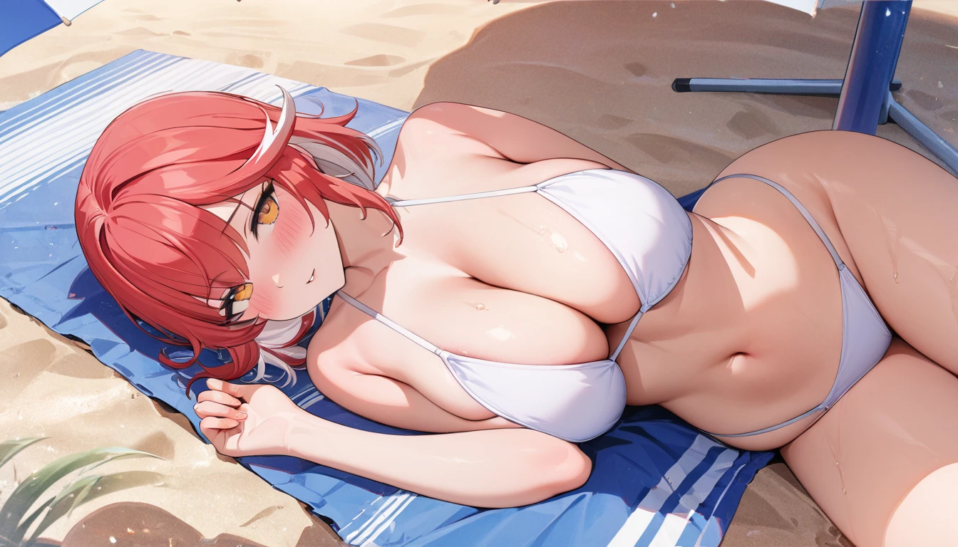 (masterpiece, 8k wallpaper，Highest quality: 1.2)、Highest quality、Best image quality、masterpiece、Separate bikini swimsuit、Lying down on the beach、Accentuate your breasts、Beach parasol、Skimpy、Splash、 cleavage, orange eyes, blush, red hair, streaked hair, white hair,