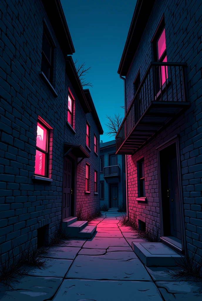 Photo of warped, simple, narrow, winding ,old creepy, abandon alleyway with broken old concrete path, with 3 dark windows and fire escape, one point perspective. Very dark night time, dark deep blue, with pink lighting contrast. Cartoon style thick black lines art no lamps