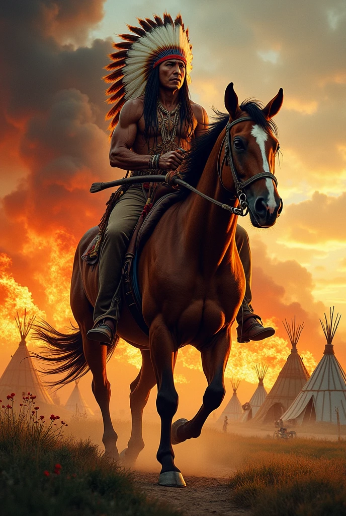 a Comanche Indian on horseback ,village in the background on fire