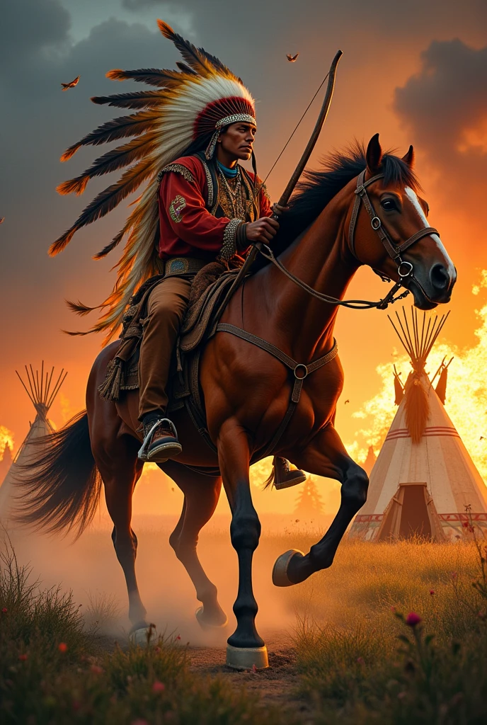 a Comanche Indian on horseback ,village in the background on fire