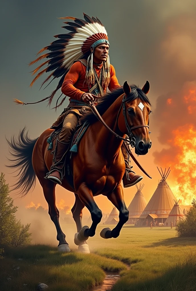 a Comanche Indian on horseback ,village in the background on fire