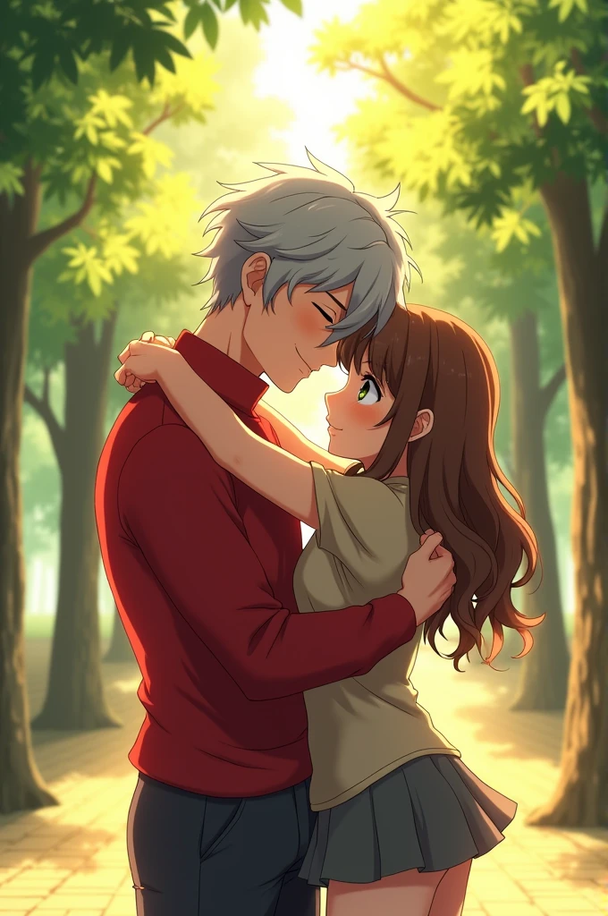 Jin Bubaigawara hugging a brown-haired teenage girl