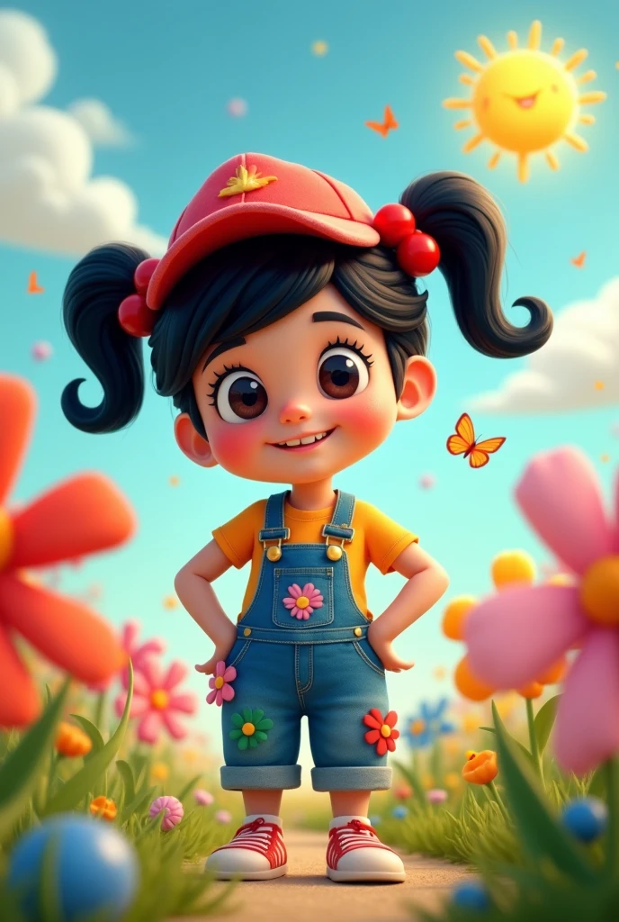 Cartoon style drawing of a woman with black hair, wearing overalls and a red cap