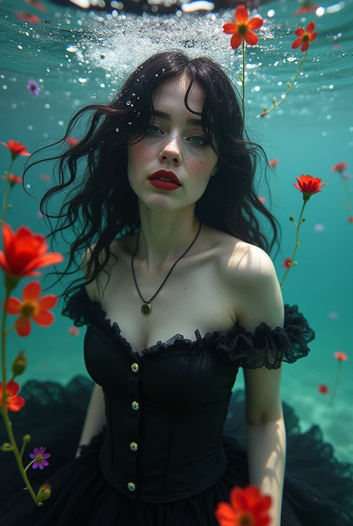 Black_hair_pin up_girl underwater, 她的hair在她周围散开,Full of red_purple_Flowers_and_bead :: Beautiful freckles, Gothic_cosmetic, heavy_Black_Eyeliner, Dressed complex_Black_Victorian Era_skirt_and_Lace_Ruffles flowing in the water, Fantastic light casting powder_blue_The light around her, The setting sun cast a shadow on her, Model_photo, Nostalgia, Overexposure, ethereal Lomography taken and a Lomo camera and 2021 LomoChrome Turquoise 35 mm ISO 100–400 vintage, Dreamlike perfection, Romantic