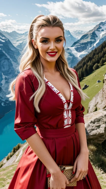 Perrie Edwards in traditional Swiss clothing sexy with lipstick and smiling