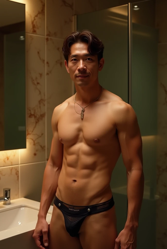 ((night, Realistic lighting, Highest quality, 8k, masterpiece:1.3)),One person from Japan, The body is slim,Middle-aged adults:1.4, Abdominal muscles:1.1, (Brown Hair, Medium chest:1.3), Bathroom,Ultra-thin face,Beautiful Eyes,double eyelid,smile,necklace、lingerie