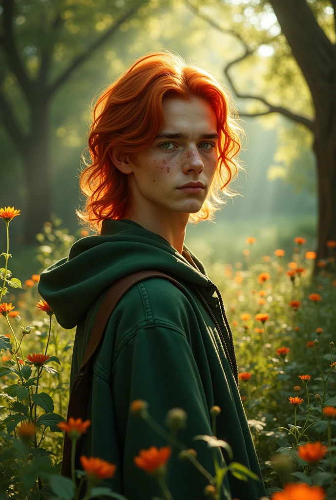Young red-haired boy with emerald green eyes, long hair, feminine face with small scars, brunette skin. Around 25 years old