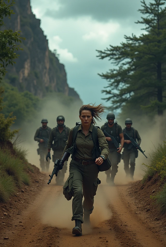 Create a realistic image where some terrorists are attacking on 7 travellers including 1 woman on a hill track. The terrorists want to kidnap the women. The travellers are in a car.