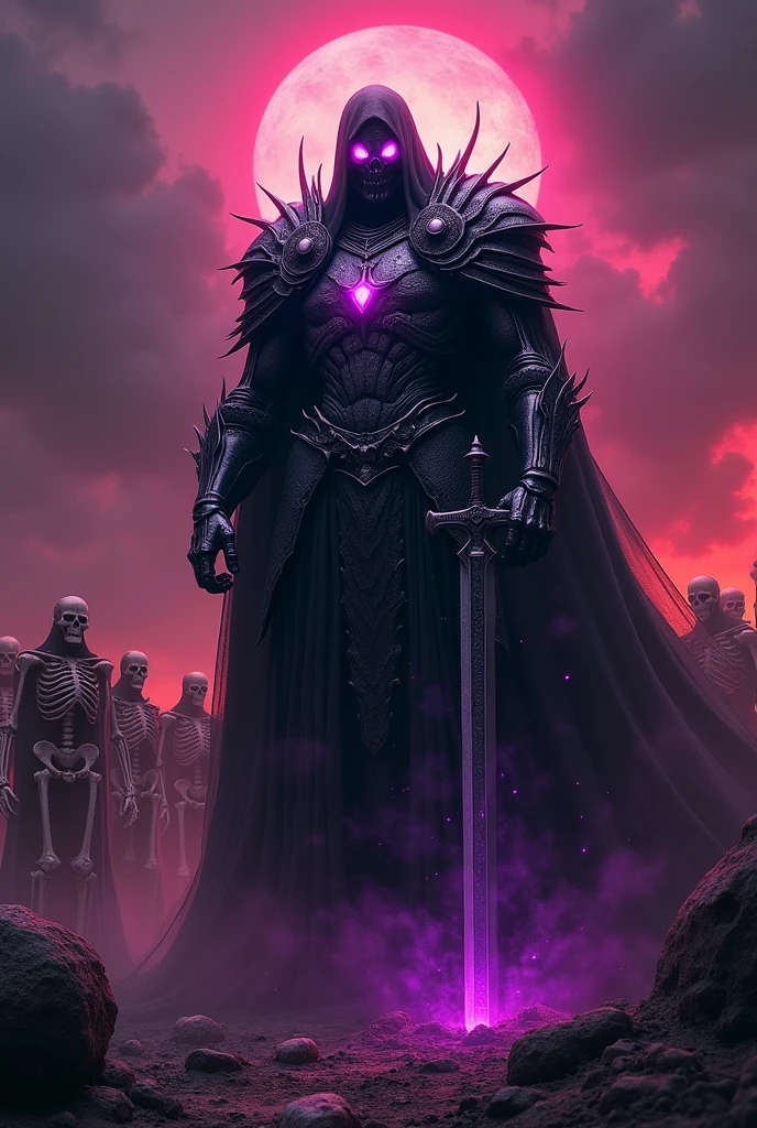 Personnage armure noir masculin, 2m10, regard violet, armee de squelettes derrière, le ciel sombre et rouge montrant la fin du monde, il a posé son épée en face de lui ou une aura sorr de lui