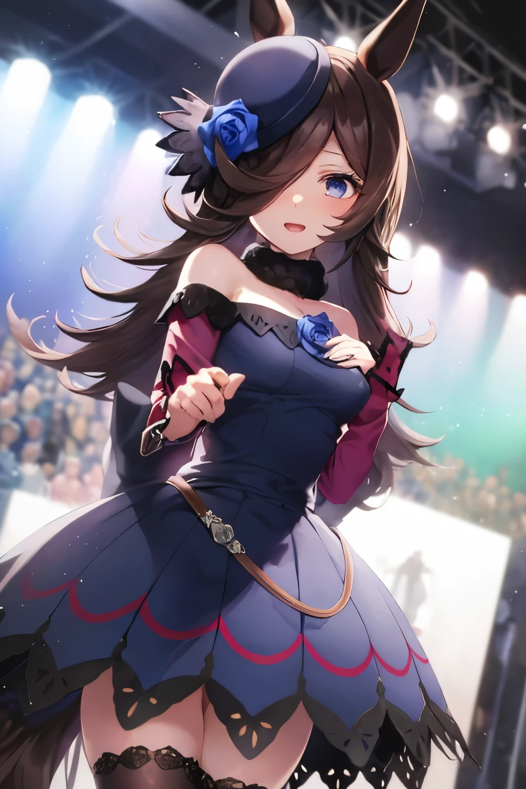 (Tabletop.Highest quality).(Dynamic Angle). (Incredibly detailed CG paintings),(Perfect Image)、Comic Strip.figure.One Girl.Detailed face、Perfect Face.Delicate face、Girl in delicate clothes、Textured skin、Black Hair.length、(Horse-eared girl)Horse-eared girl、((Beautiful Blue Eyes)).Delicate and beautiful eyes、The eyes are detailed、Reflected Eyes、Watery eye、smile.(Staring at the audience:1.3).(Face is a little red:0.8)、8k wallpaper、Cowboy Shot、reflected light、Highest detail、Complex、Delicate background、Textured skin、Detailed skin、(Ultra-high resolution)、
