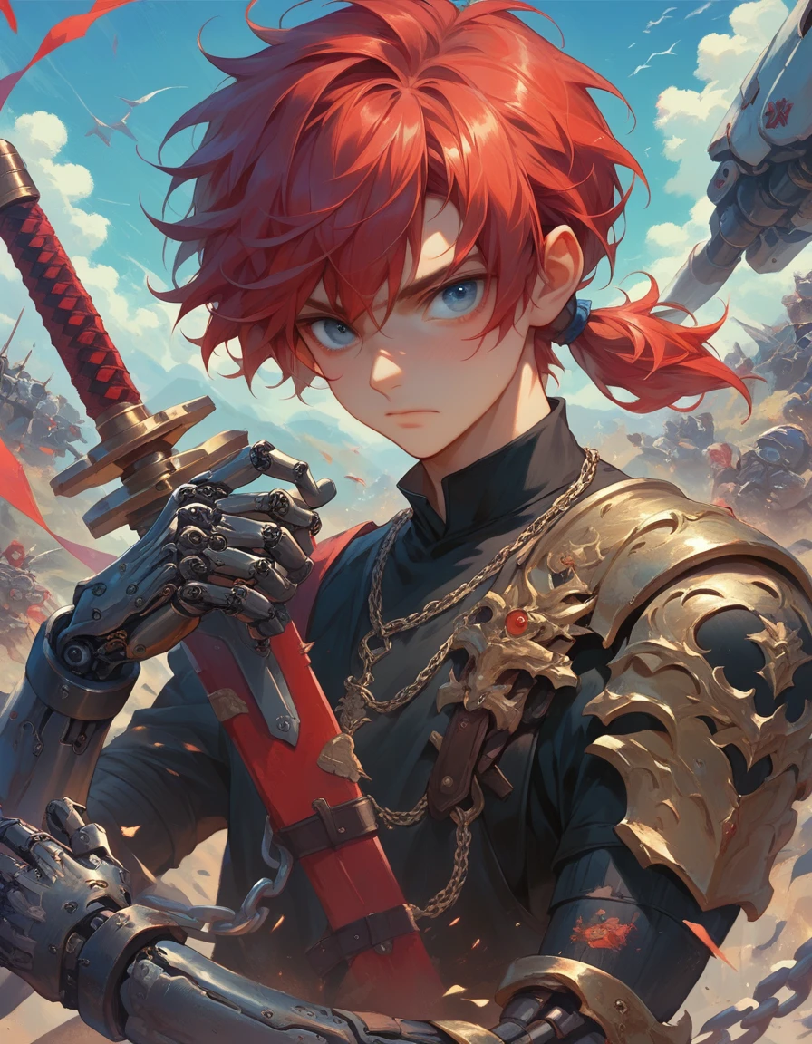A young man with fluffy, shoulder-length red hair, the top of which is tied into a short ponytail. Beautiful face, blue eyes, anime boy. Mechanical arm, he is on the battlefield, clothes are black with elements of leather, chain mail and armor