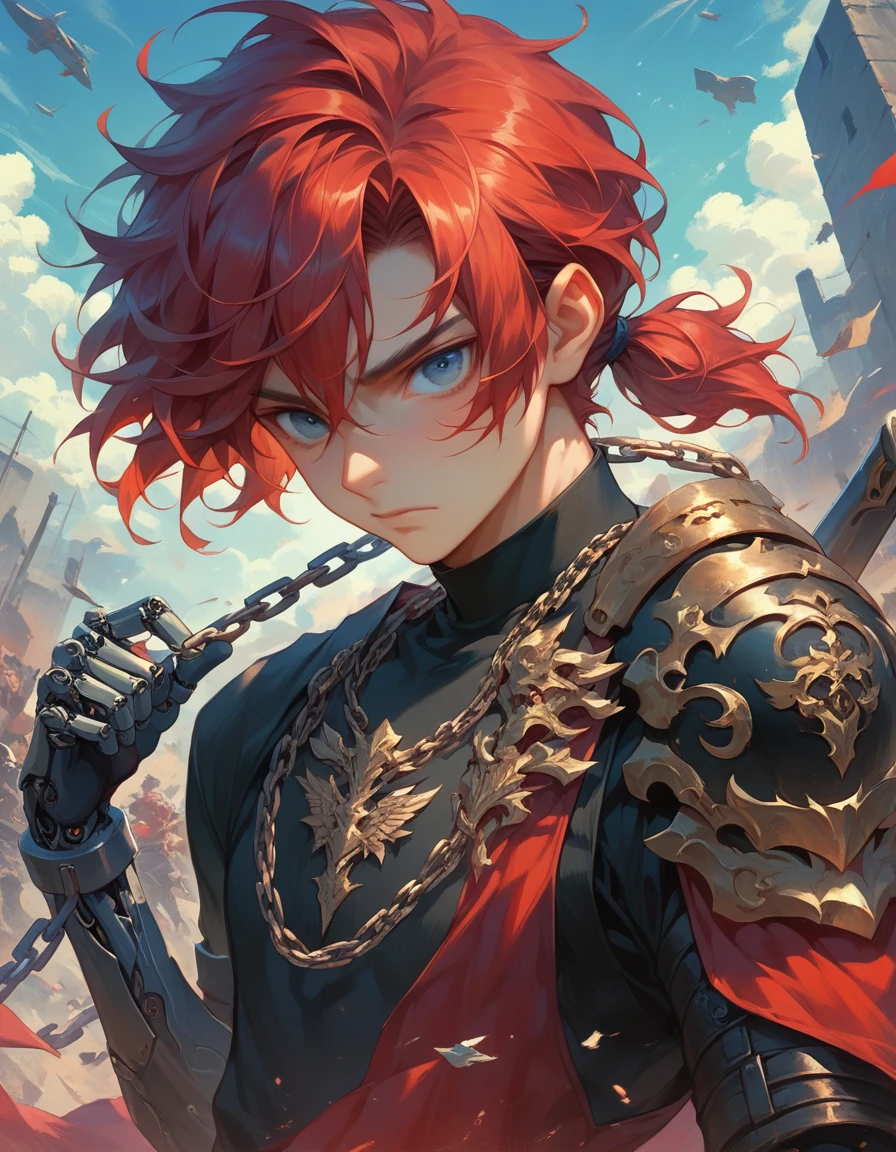 A young man with fluffy, shoulder-length red hair, the top of which is tied into a short ponytail. Beautiful face, blue eyes, anime boy. Mechanical arm, he is on the battlefield, clothes are black with elements of leather, chain mail and armor