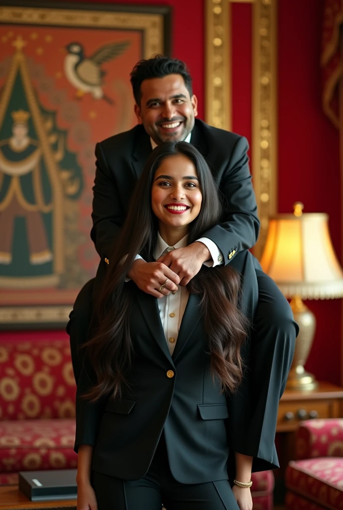 Create a realistic photograph of a smiling and beautiful indian college girl in black uniform suit carrying a obese man on her shoulder , in a exotic room, man is sitting on her shoulder, man on top, woman standing at bottom 