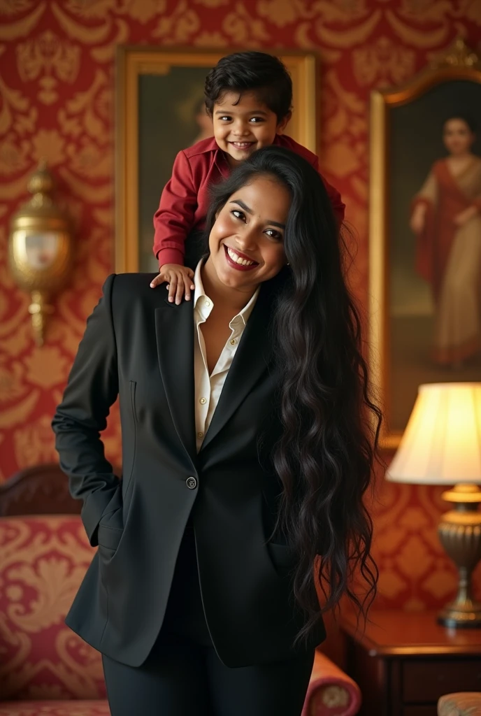 Create a realistic photograph of a smiling and beautiful indian college girl in black uniform suit carrying a obese man on her shoulder , in a exotic room, man is sitting on her shoulder, man on top, woman standing at bottom 