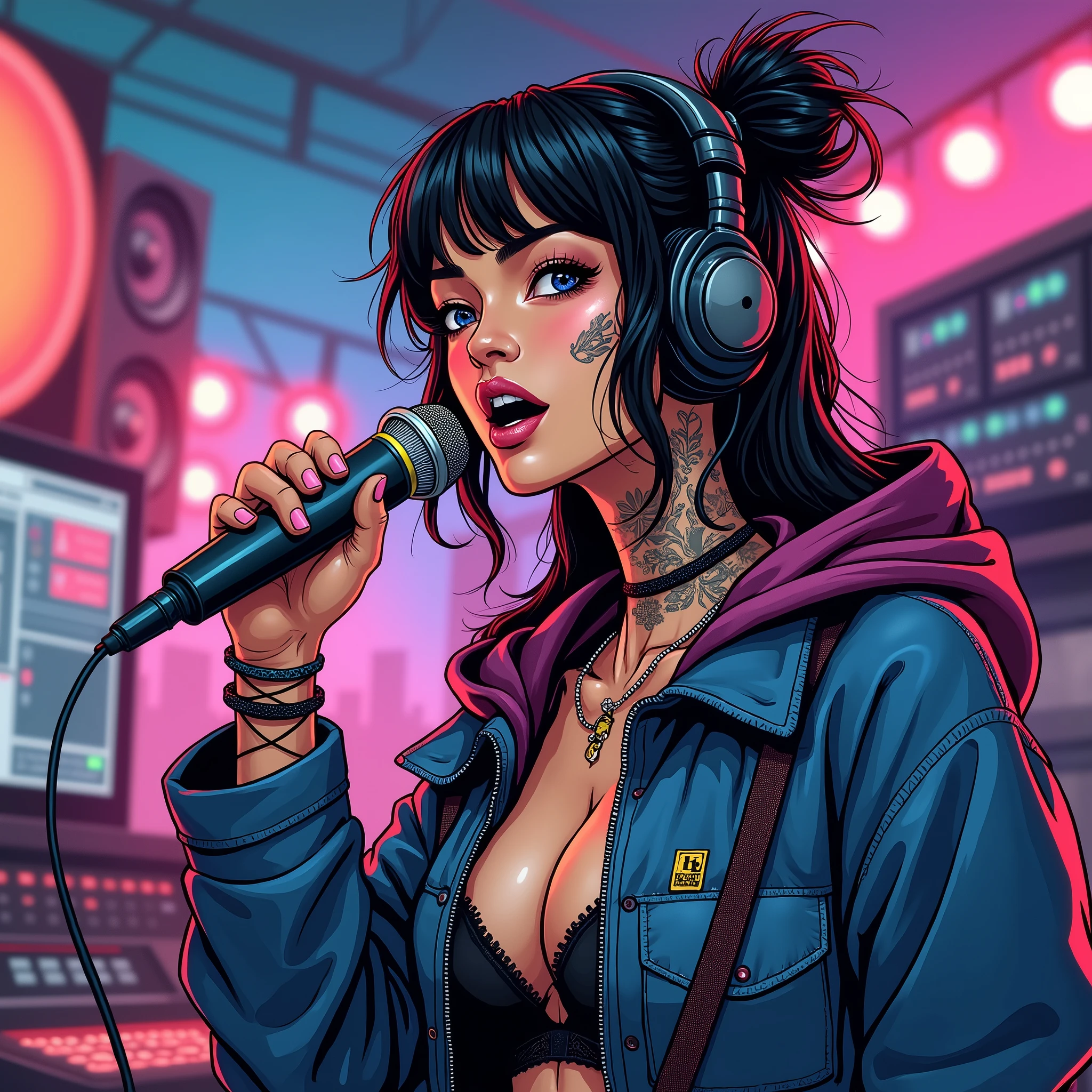 Asian Girl Rapper, in the record studio, rapping to the microphone, very pretty, face_tattoos, comic style, cartoon, comic style, gangster, tech wear outfit, dynamic