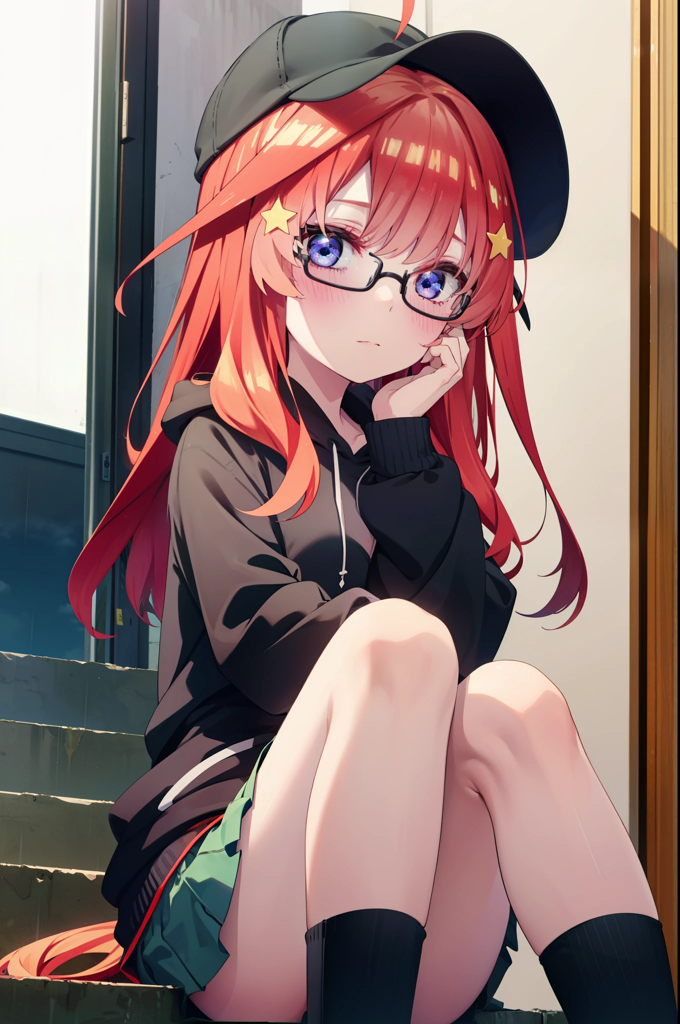 itsukinakano, Itsuki Nakano, bangs, blue eyes, Hair between the eyes, Ahoge, Redhead, star \(symbol\), hair ornaments, star hair ornaments,blush,Baseball hats,Black-rimmed glasses red oversized hoodie,mini skirt,White knee socks,short boots,Hiding in a building with a roof,Sitting on the stairs,night,rain,cloudy,whole bodyがイラストに入るように,
break indoors, Building district,
break looking at viewer, whole body,
break (masterpiece:1.2), Highest quality, High resolution, unity 8k wallpaper, (figure:0.8), (Beautiful attention to detail:1.6), Highly detailed face, Perfect lighting, Highly detailed CG, (Perfect hands, Perfect Anatomy),