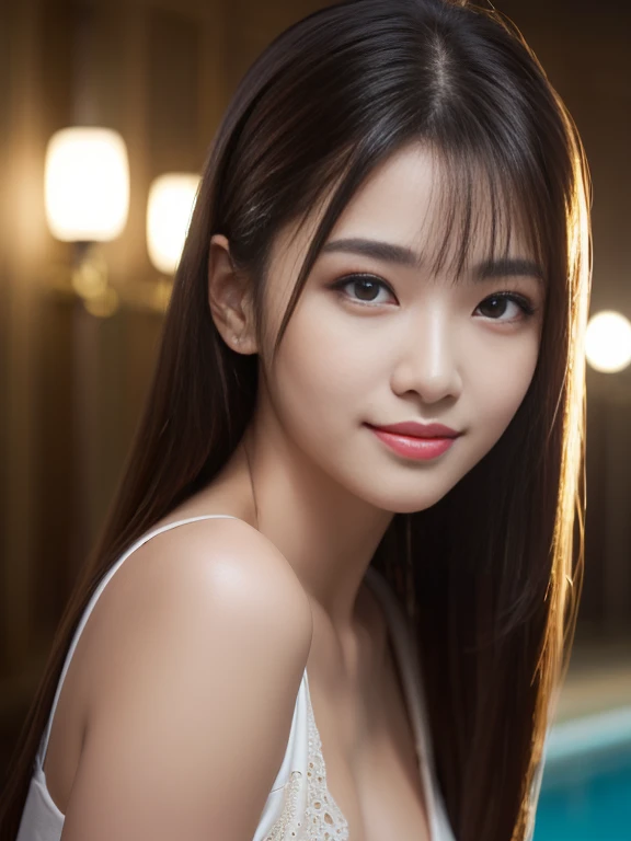 Latex bodysuit、Knee-high boots、Huge 、Long brown hair、Shiny, Oily skin、Glowing Skin、Indoor competition pool、White skin、Beautiful woman in kimono,Body Portrait、8k,Beautiful and beautiful eyes,Dindal effect、masterpiece, 最high quality, high quality, High resolution、Very detailed photos、(Natural skin texture、Fine skin、Hyperrealism、Ultra Sharpness)、Skin with attention to detail、(Very detailed、Fine skin texture、Intricate details、Beautiful Face、(A vivid face)、Realistic eyes、Beautiful and detailed、Realistic Skin、Beautiful Skin、Surreal、Very detailed、Golden Ratio、With a smile、((Night moonlight background))、Body Portrait、Shinyボディスーツ