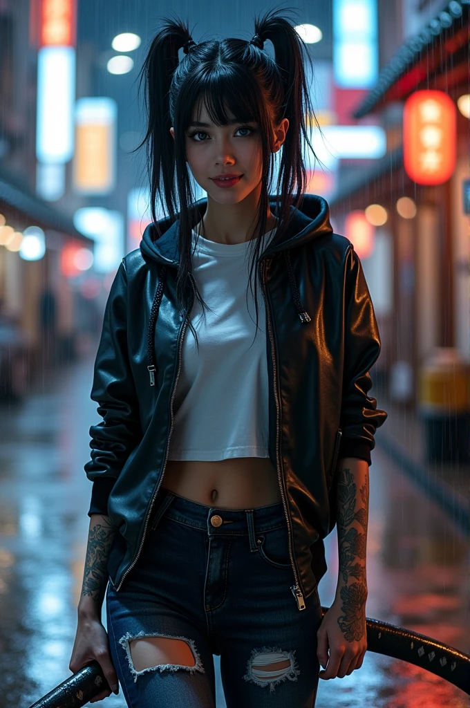 a beautiful woman japanese with long hair with a two ponytail hairstyle, wearing a black leather hoodie jacket, white t-shirt, ripped tight jeans and long neck sneakers, blue eyes staring intently into the stillness of the night, arms full of tattoos, holding a sharp, shiny samurai and the tip touches the ground, standing in the style of a kunoichi, rain effect, background of a Japanese city at night, smiling looking at the camera.