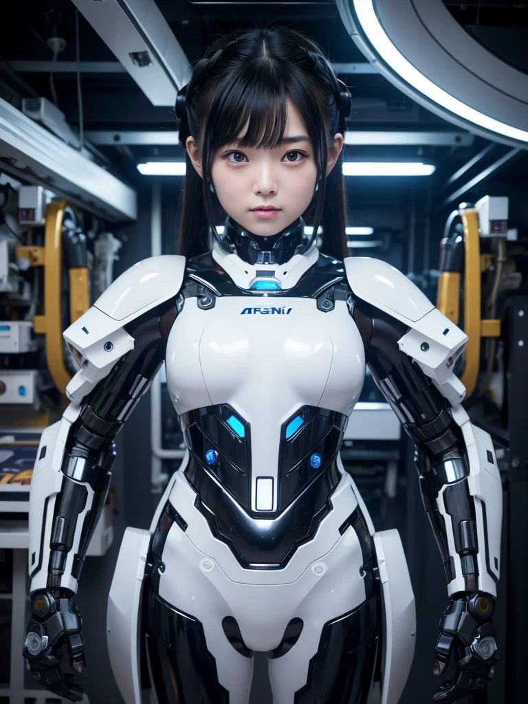 masterpiece, Highest quality, Very detailed, Japaese アンDroid girl,Portraiture,Plump,Thick,Control panel,アンDroid,Droid,Mechanical Hand, robotの腕と脚, Black Hair,Blunt bangs,perfect robot girl,Long tube,A thick cable was attached to her neck.,アンDroid,robot,humanoid,cyborg,japanese cyborg girl ,robot-assembly plant,She is now assembling,Assembly scene,Chubby,
