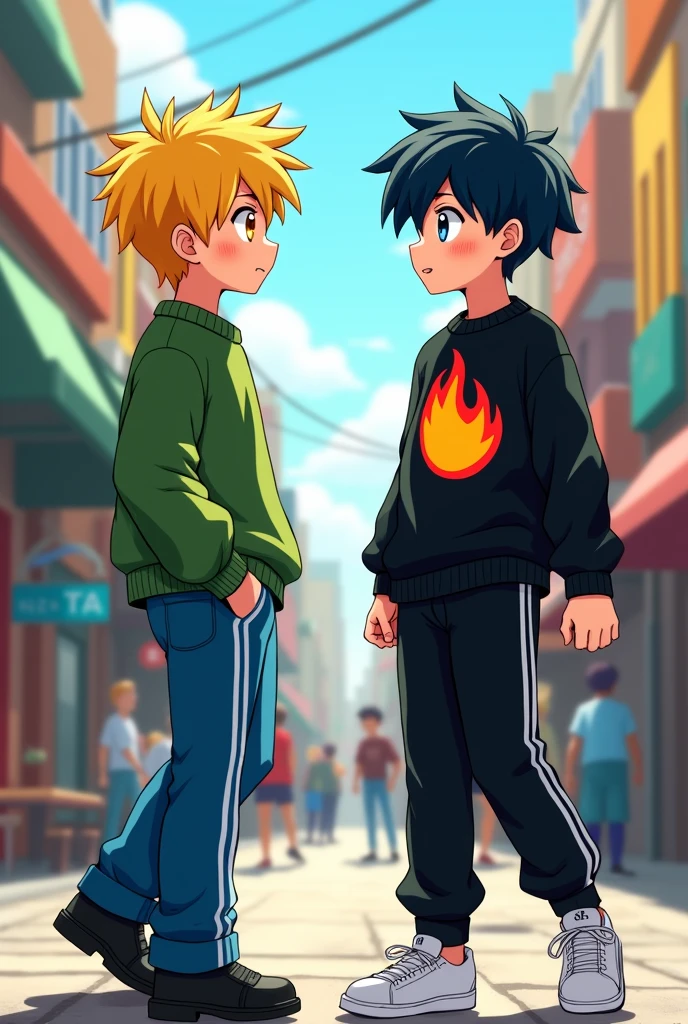 A boy anime character with yellow eyes and yellow hair wearing a green creeper sweater, blue pants, and black shoes chatting with a boy anime character with blue eyes wearing a black sweater with a red, orange, and yellow fire logo and rainbow stripes on the sides, black pants with white stripes on the sides, and white shoes.