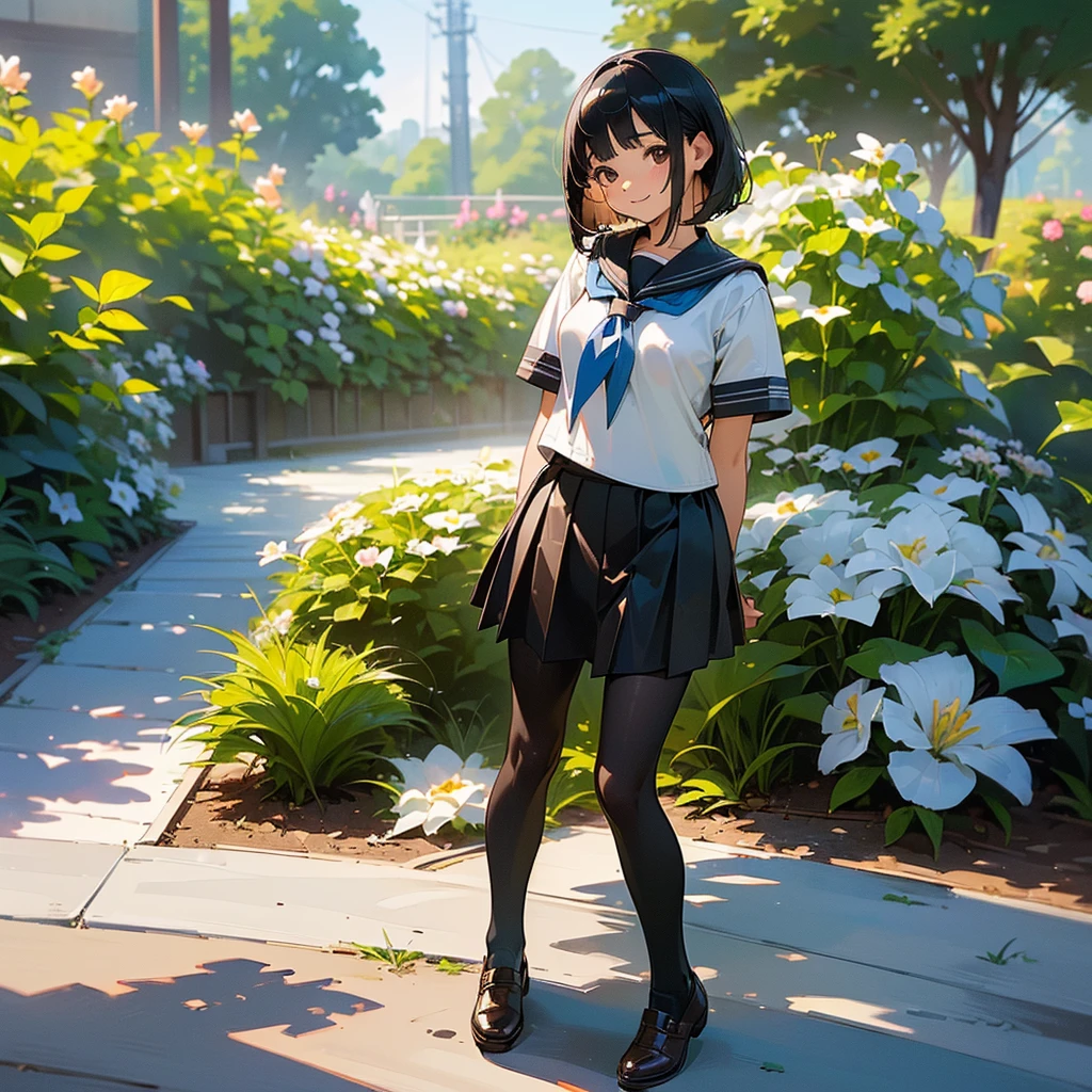 (Highest quality, High resolution, Very detailed, Realistic:1.37), Peaceful atmosphere, (Outdoor, garden), age girl standing alone, Beautiful and detailed features, Cute Smile, ((Black bob hair)),Short-sleeved sailor uniform, Pleated skirt,Black tights,Brown leather shoes.
