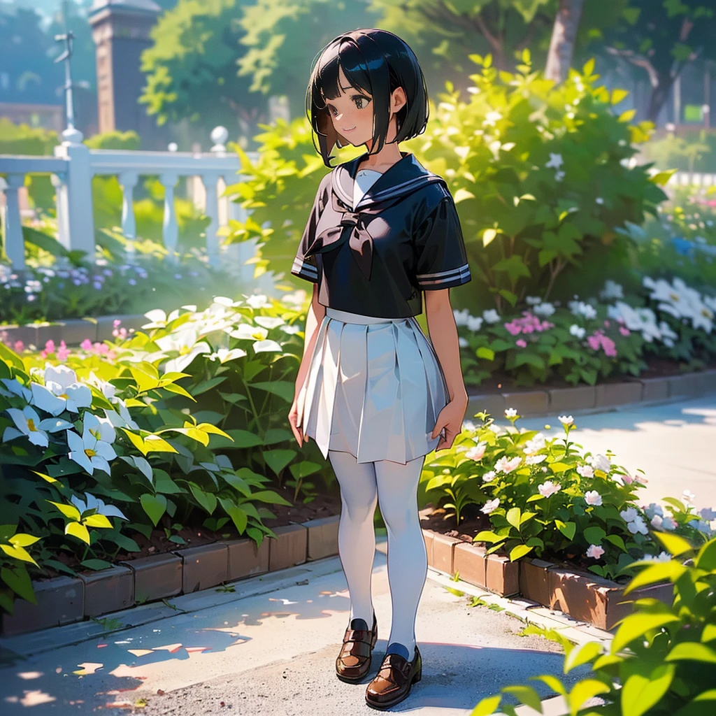 (Highest quality, High resolution, Very detailed, Realistic:1.37), Peaceful atmosphere, (Outdoor, garden), Teenage girl standing alone, Beautiful and detailed features, Cute Smile, ((Black bob hair)),Short-sleeved sailor uniform, Pleated skirt,Black tights,Brown leather shoes.