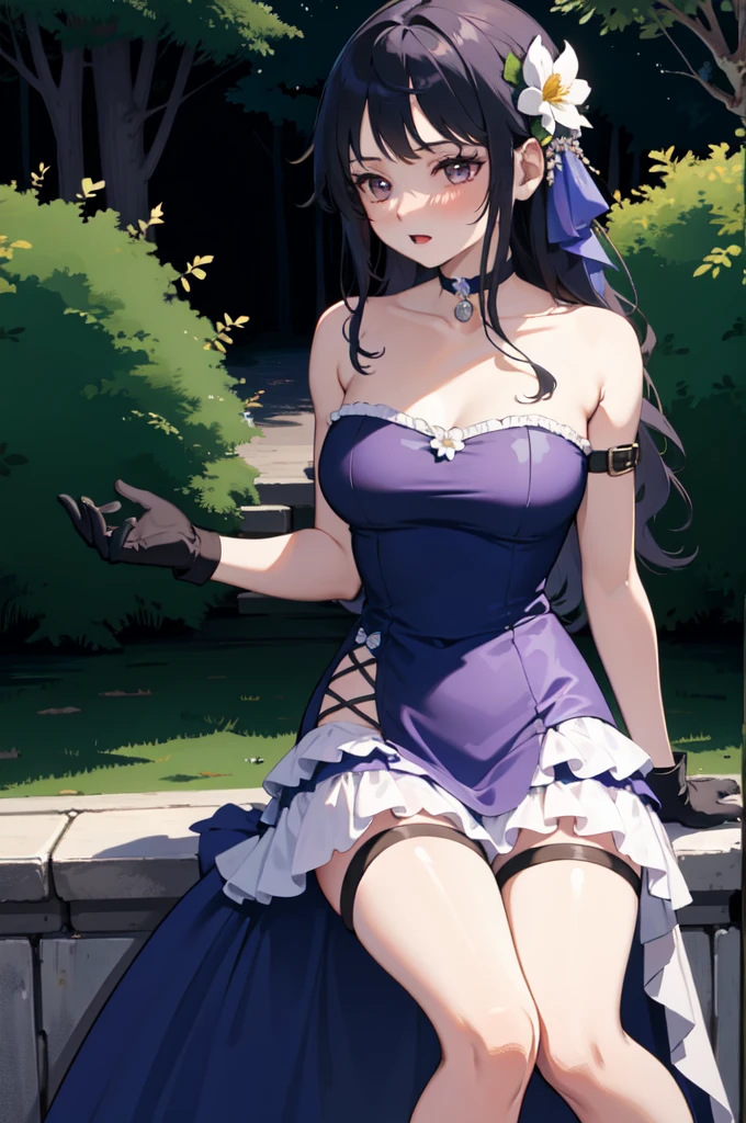 masterpiece, Best Quality, Extremely detailed 8K wallpaper, 1 girl, outdoor, Elena(blue lane),strapless dress, dress, layered dress,White flower, hair ornament, purple eyes, (choker), describe, (black gloves), bare legs,