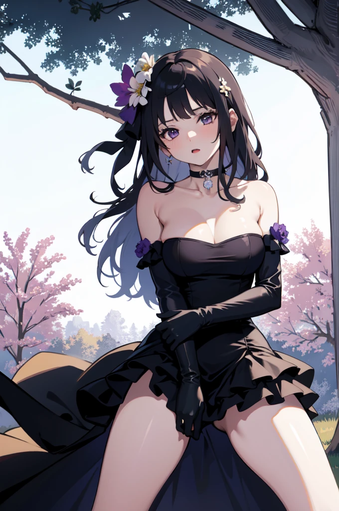 masterpiece, Best Quality, Extremely detailed 8K wallpaper, 1 girl, outdoor, Elena(blue lane),strapless dress, dress, layered dress,White flower, hair ornament, purple eyes, (choker), describe, (black gloves), bare legs,