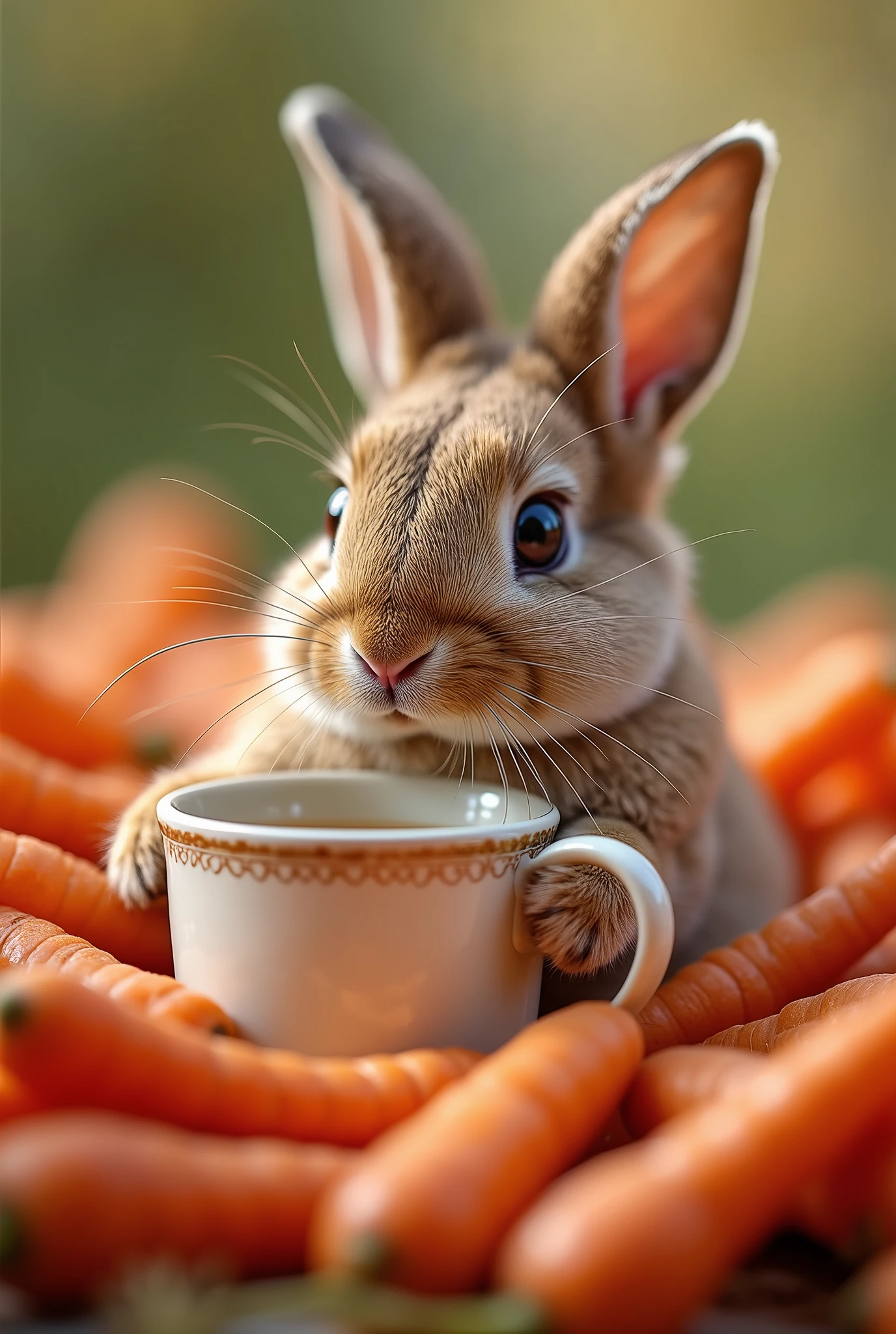 ((masterpiece,best quality,)),close up,side,A cute little rabbit resting in a pile of carrots,Sexy holding a teacup