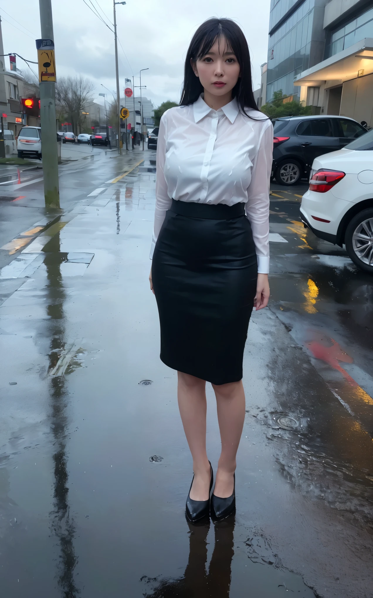 (masterpiece, Highest quality, One girl, Beautiful office lady, Very wet, soaked from heavy rain, Long black hair, Straight hair, White blouse, Dark Skirt, saggy big breasts:0.3, big hip, big thigh:0.4, Serious expression, Street Background, Detailed Scene, Reflective Puddle, Dark Clouds, heavy rain, realistic rain effect)