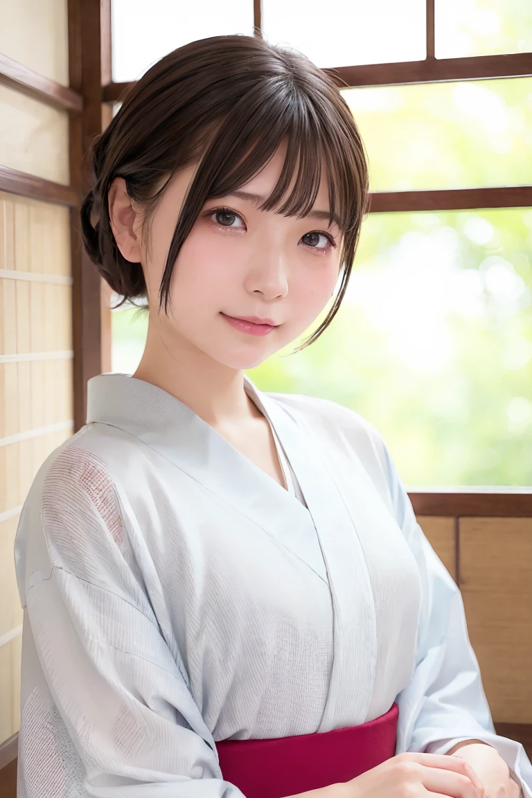 ((top-quality、​masterpiece、photographrealistic:1.4、in 8K))、beautiful japanese female１a person、２5years old、Beautiful short hair、delicate and beautiful face、Eyes and faces with detailed 、Beautiful lighting、Shy laughter、Textured skin、Super Detail、high detailing、High quality、hight resolution、(Kimono:1.3)、bangss、Colossal tits:1.2)、Face up、Slim waist、natural soft light