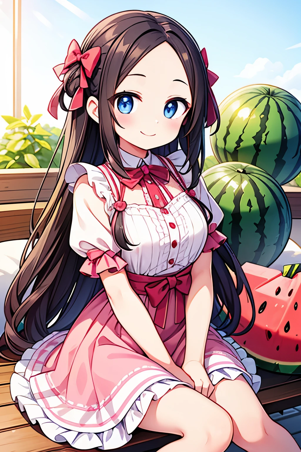 Photorealistic、（whole body、smile、hairpin、A hairstyle that reveals a large forehead、A hairstyle parted in the middle）、I have a watermelon slice cushion.