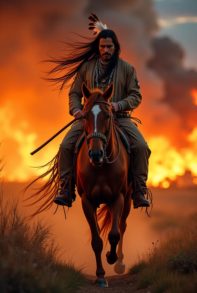 Realistic photo of a Comanche Indian on horseback ,village in the background on fire
