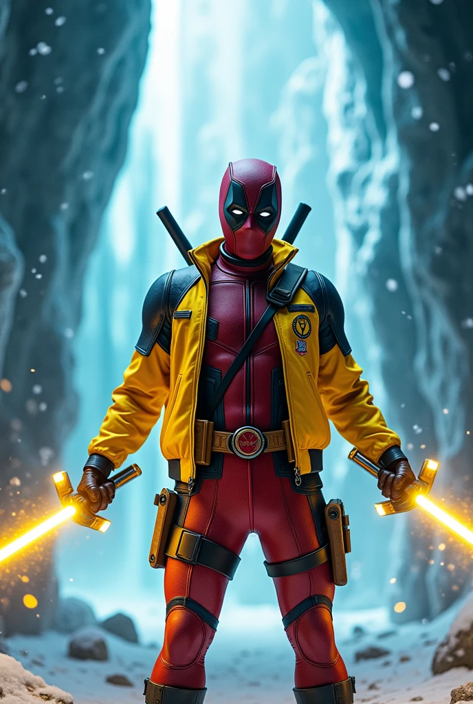 (photorealism:1.2), Deadpool full body with yellow Club America Mexico jacket cutting an ice beam with yellow laser sabers in Superman&#39;s Fortress of Solitude 