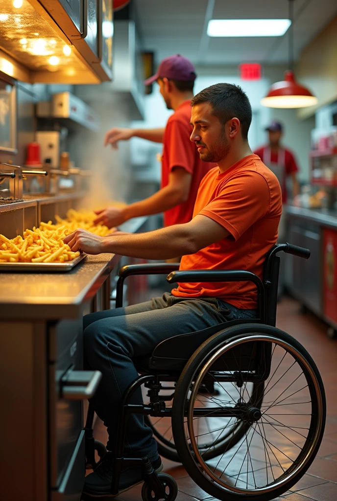 (photorealism:1.2) Person with no arms, in a fast food job, in the kitchen area, has no arms and is at the industrial french fry fryer