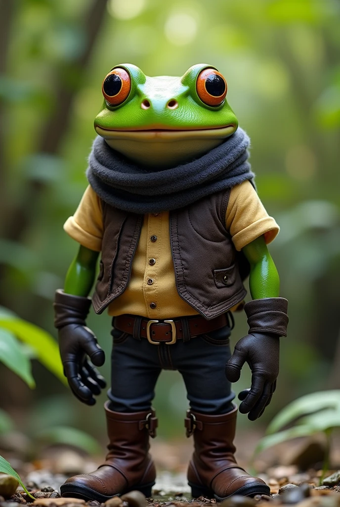 Create a full-body image of an anthropomorphic frog with dark purple pupils and yellow eyes. The frog is wearing a dark gray scarf, a dark brown vest over a short-sleeved sand-colored shirt, dark gray biker gloves, long dark brown boots, and dark gray pants tucked into the boots.
