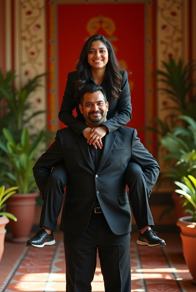 Create a realistic photograph of a smiling and beautiful indian college girl in black uniform suit carrying a obese man on her shoulder , in a exotic room, man is sitting on her shoulder, man on top, woman standing at bottom 