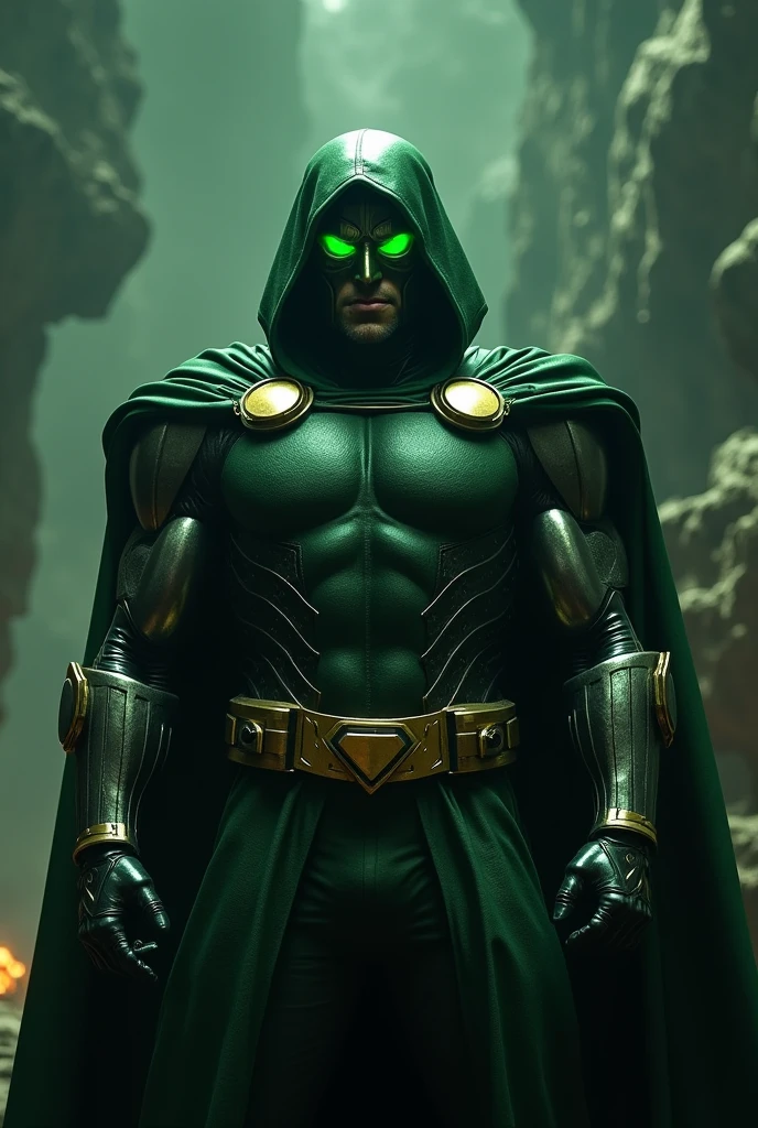 Generate a picture of Doctor Doom looking straight ahead with green glow in his eyes in a dark space