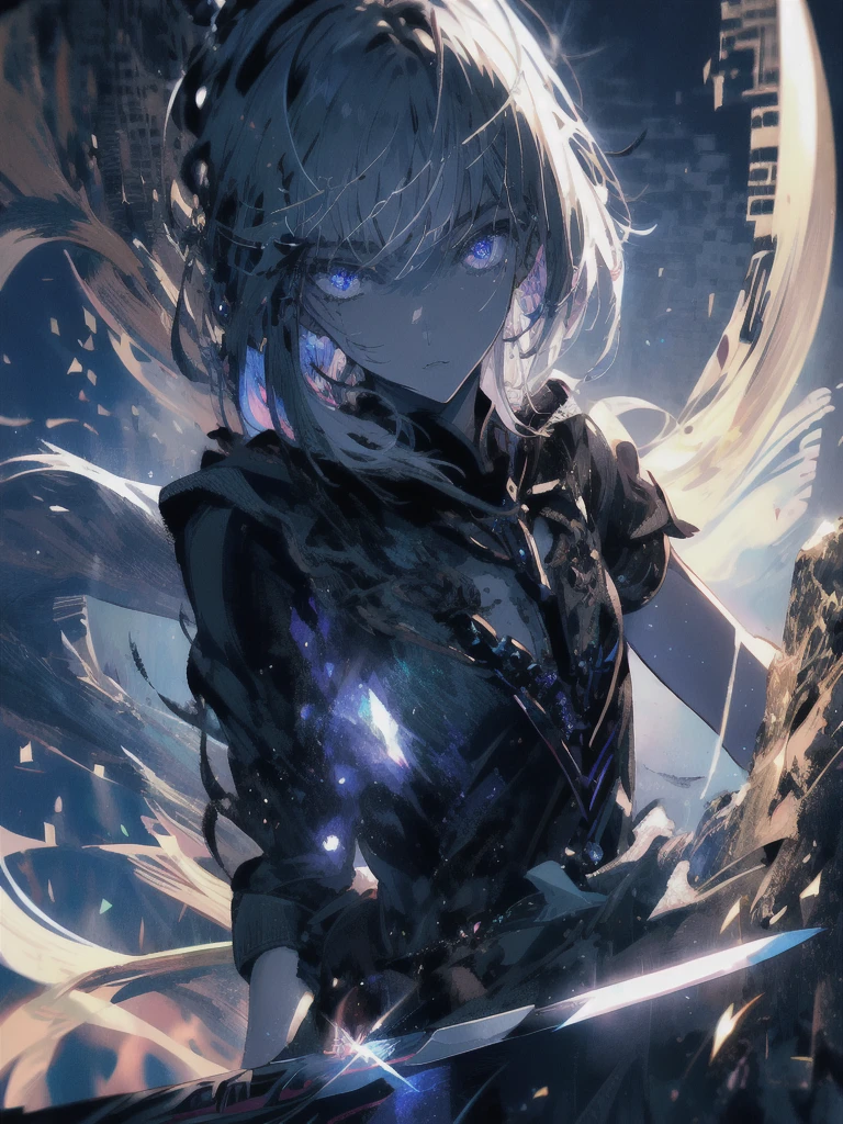 Holding a one-handed sword、Please take the black sword.、((masterpiece, highest quality, Super detailed, High resolution)), alone, beautiful girl, shining eyes, perfect eyes, 15 years old, black white gold theme,