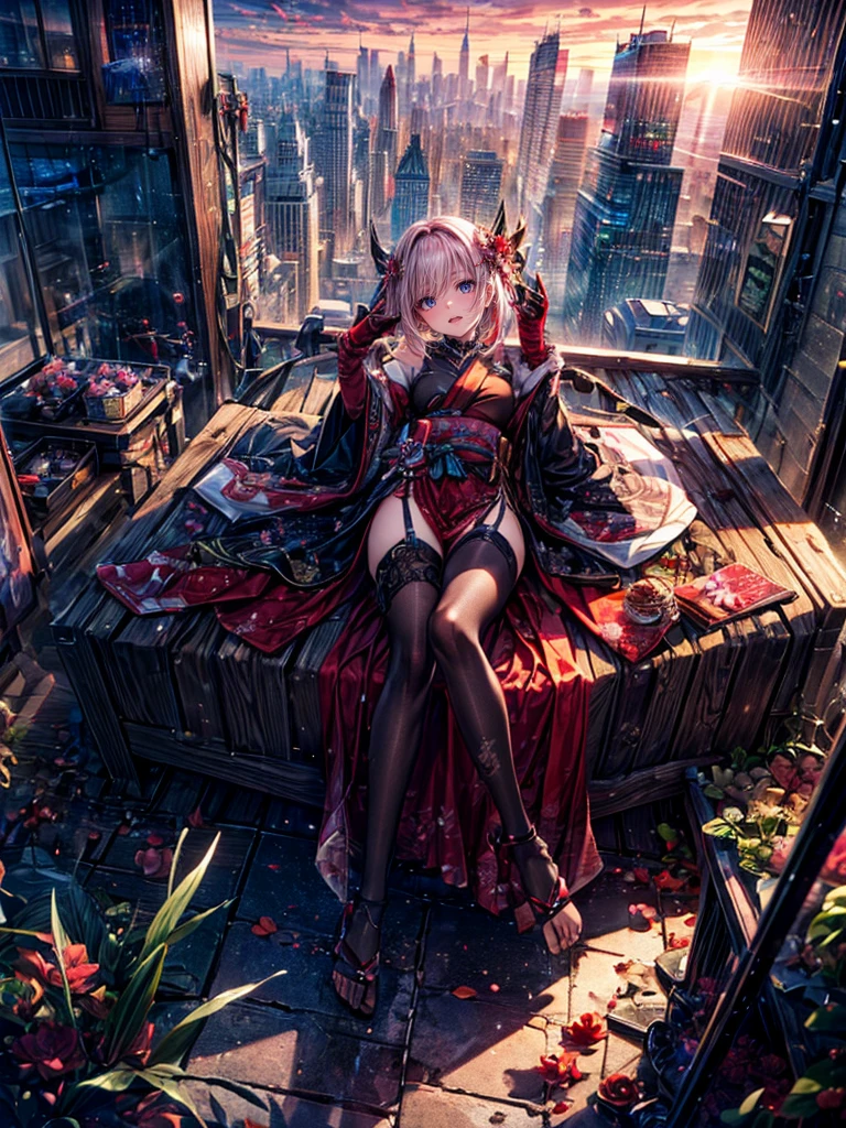 High resolution, Winner of numerous awards, Ultra high definition, Textured skin, Retina,
masterpiece,(bestquality),highlydetailed,ultra-detailed,1girl, (A composition where a girl:1.4)(A crimson red dress blended with mechanical parts:1.2)(Modern landscape:1.2,natural lighting:1.5,confidentexpression),(Rooftop)(panorama:1.2),smile,angle、chrome,raw(A beautiful girl with pink hair in a short cut:)(Hands and feet are mechanical parts)(The look of temptation)(Asahi、Beautiful sunrise:1.2)(Modern Japanese buildings)