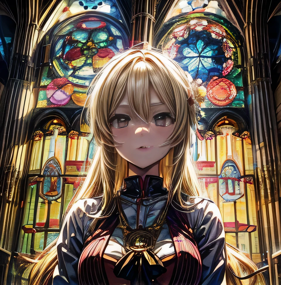 Sengoku Otome　Otomo Sourin　Blonde　long hair　beautiful girl　Muscular　Sister　The interior of Amiens Cathedral　Magnificent stained glass　sunlight　Cross Necklace　Whole person