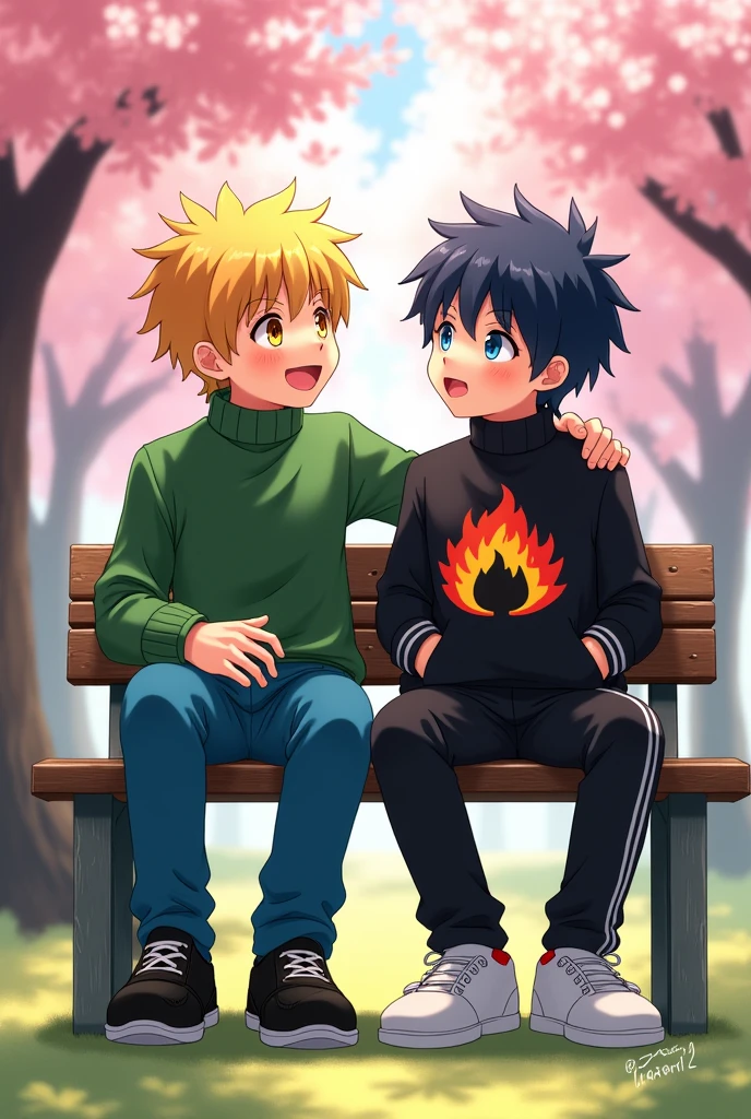 A yellow-haired anime boy with yellow eyes, wearing a green creeper sweater, blue pants, and black shoes, is chatting on a bench with another anime boy who has sky blue eyes and is wearing a black sweater with a red, orange, and yellow fire logo and rainbow stripes on the sides. He's also wearing black pants with white stripes on the sides and white shoes.