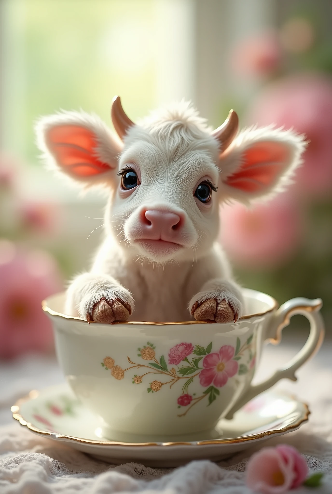 ((masterpiece,best quality,）），close up，side，A cute little cow placed in a teacup，Sexy holding a teacup