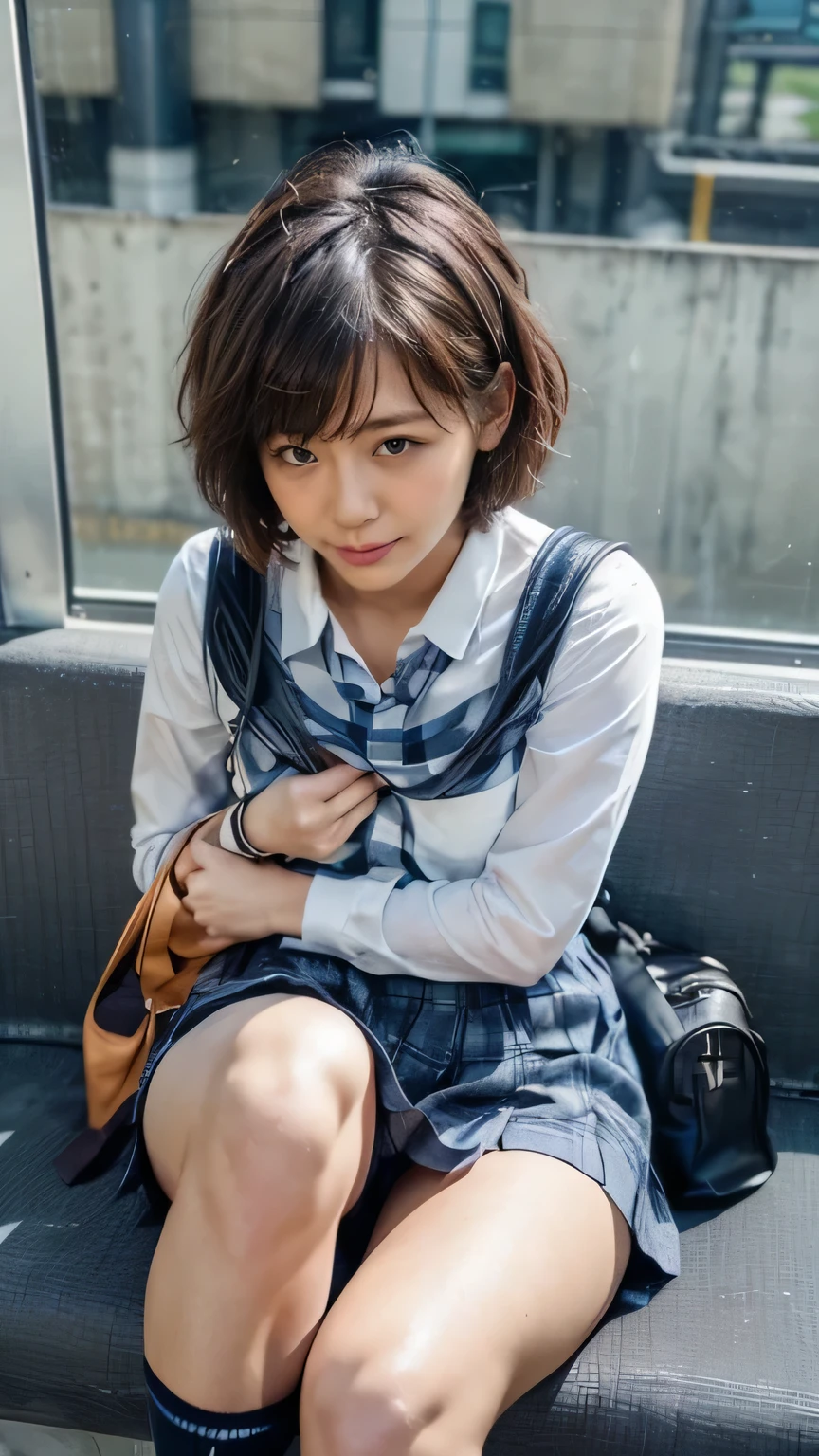 (High school girl sitting on a seat in a Japanese train:1.2、sit in a train seat、Face to face)、((school uniform、White blouse、(Navy blue checkered pleated skirt:1.2)、Navy blue socks、loafers、Detailed white panties、Over the knee socks:1.4、Absolute area)、(Sports Bags、The straps of the bag pass between the chest、Equipped:1.5)、(Realistic、Like a photograph、Live Action、8k, Realistic, RAW Photos, Best image quality: 1.4), Single-lens reflex camera、RAW Photos, Highest quality, Realistic, Highly detailed CG Unity 8k wallpaper, Written boundary depth, Cinematic Light, Lens flare, Ray Tracing, Realistic background、((Ultra-Dense Skin))、 Girl after school,Cute Japanese、(whole body:1.5)、Very detailedな顔，avert your eyes:1.1、(short hair:1.2、Short hair blowing in the wind:1.4)、I like that style、stylish、Very detailed、Pay attention to the details、Perfect outfit、(Sunburned skin)、View from above、Accurate hands、Accurate legs、Detailed hands and fingers、Anatomically correct body、Thin legs、Thin thighs、Small breasts、Very detailedな顔