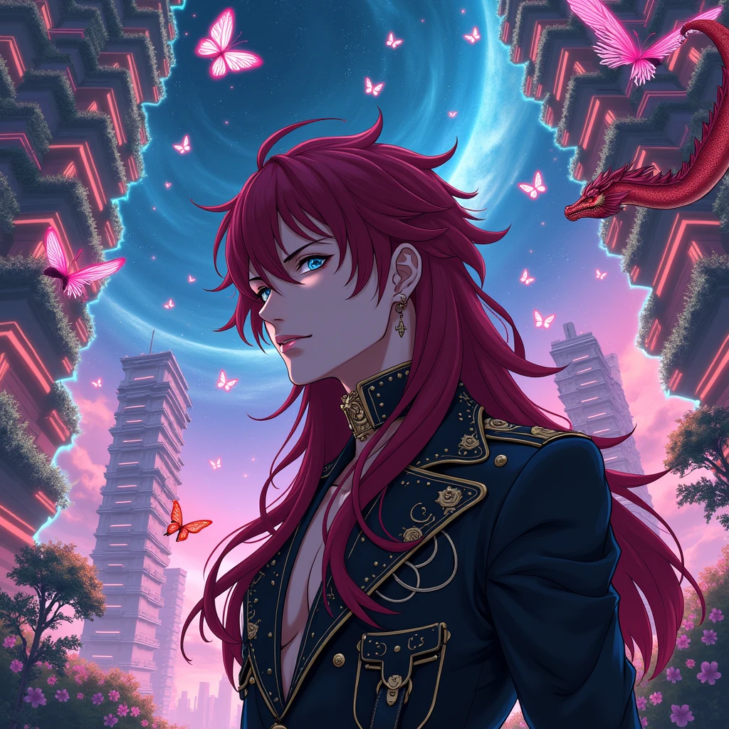 Close-up of upper body.Anime,manga.Night, space,galaxy, beautiful,blur,neon pink,neon green,neon blue,
Precisely detailed.
All AI technology at its best.
Top quality.
long wine-red hair,
Beautiful handsome manly man.
Visual kei, prince costume, leather jacket,accessories, fringe.
Trees,flowers.Big and small dragons, glowing butterflies,high rise apartment windows, Hong Kong electronic circuit city.
Fisheye lens.